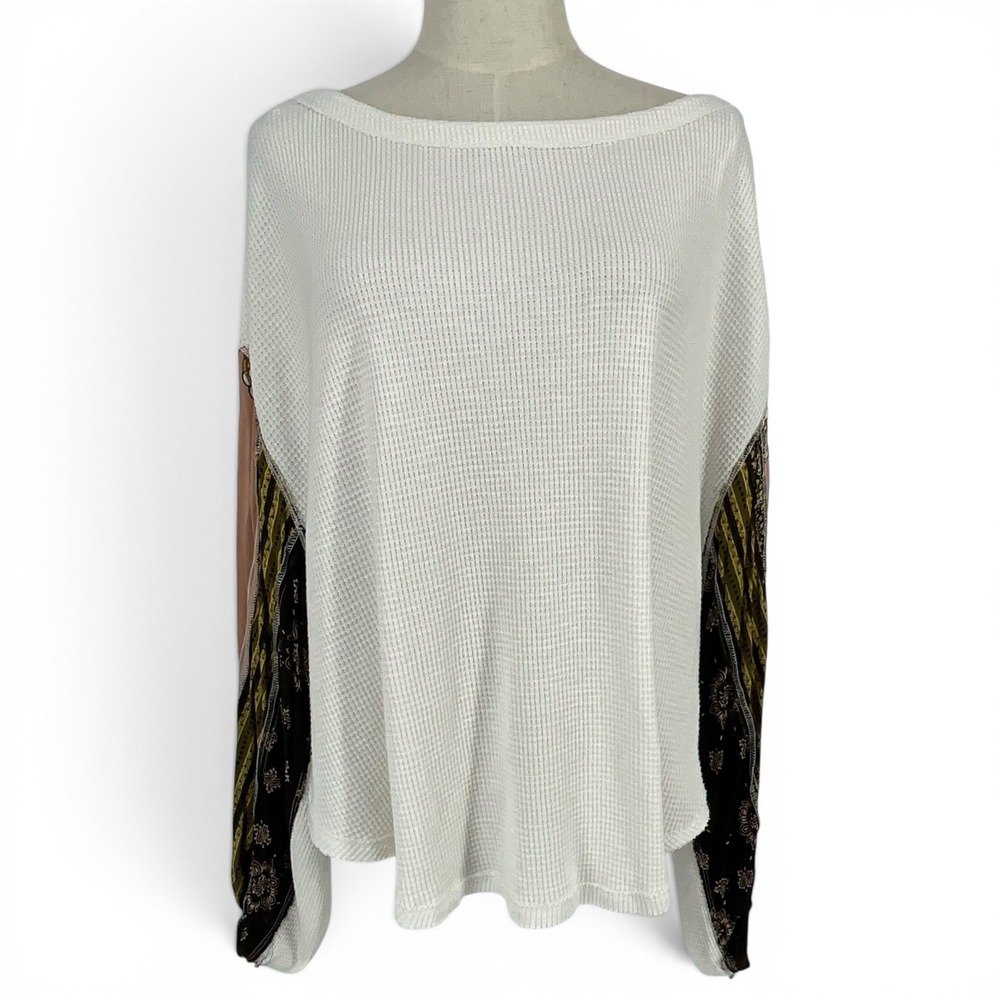 We The Free Free People Cream Thermal Knit Mixed Print‎ Sleeve Top Medium 2632
